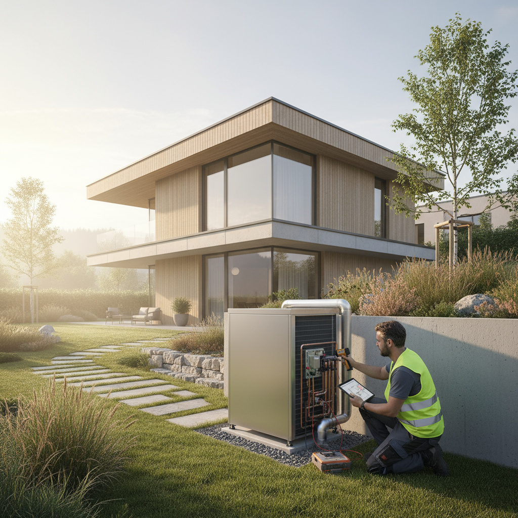 Energieberater überprüft eine Wärmepumpenanlage an einem Wiener Wohnhaus