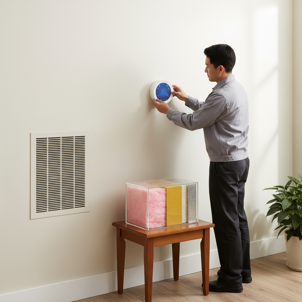 Techniker stellt einen smarten Thermostat neben HVAC- und Dämmkomponenten ein